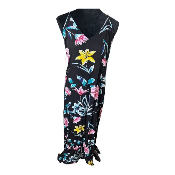 Forever 21 Tropical Black Floral Size Slit Cami Maxi Dress Size Medium - Picture 2 of 7